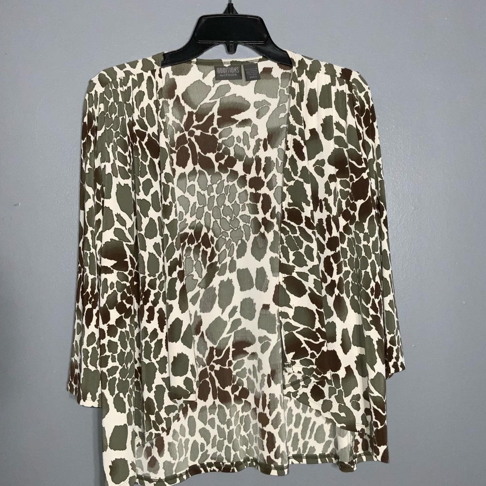 Additions Chico’s Green Giraffe Print 2pc Stretch Knit Open Cardigan Tank Set XS